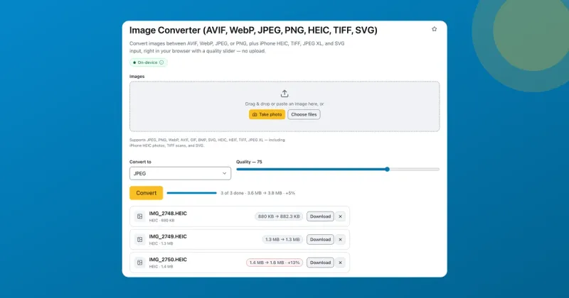 ToolsTray's image converter turning three iPhone .HEIC photos into JPGs in the browser, with the Convert to JPEG dropdown and per-file results shown.