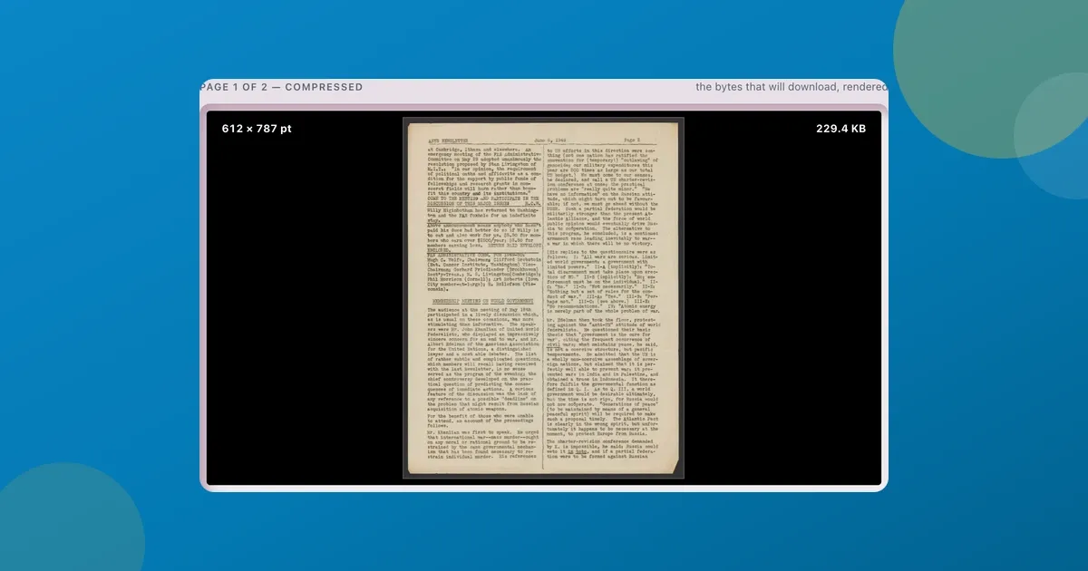 ToolsTray's Compress PDF showing a scanned newsletter brought down from 1.3 MB to 229.4 KB at the Balanced preset, entirely in the browser.