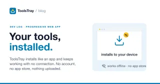 A browser window with a download-to-tray install glyph and a struck-through wifi badge, illustrating a site that installs to your device and keeps working offline.