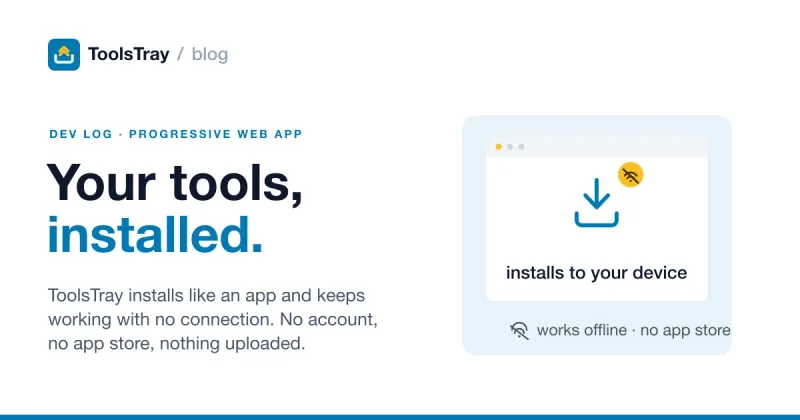 A browser window with a download-to-tray install glyph and a struck-through wifi badge, illustrating a site that installs to your device and keeps working offline.