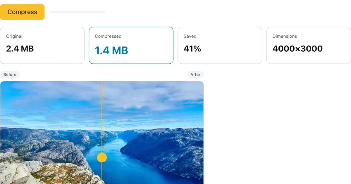 ToolsTray's image compressor shrinking a 2.4 MB photo to 1.4 MB with a before-and-after quality slider, all in the browser.