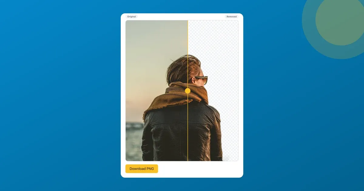 ToolsTray's Background Remover: a before/after compare slider showing a portrait photo with its seaside background removed to a transparent PNG.