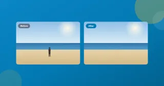 Before and after of the object eraser: a lone figure standing on a beach, then gone, leaving clean sand and sea.