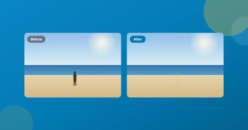 Before and after of the object eraser: a lone figure standing on a beach, then gone, leaving clean sand and sea.