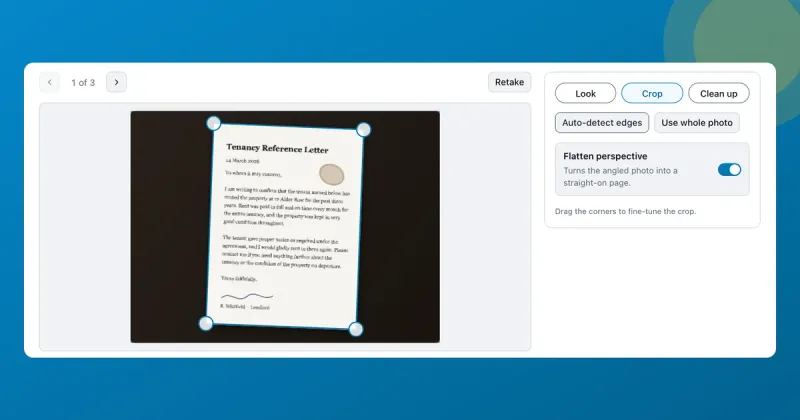 ToolsTray's document scanner on the Crop tab, with a tilted phone photo of a letter, detected-edge outline, corner handles, and the Flatten perspective toggle.