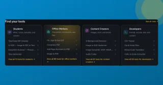ToolsTray's persona cards in dark mode with the Office Workers card lit by the cursor-following spotlight glow, mid-tilt.