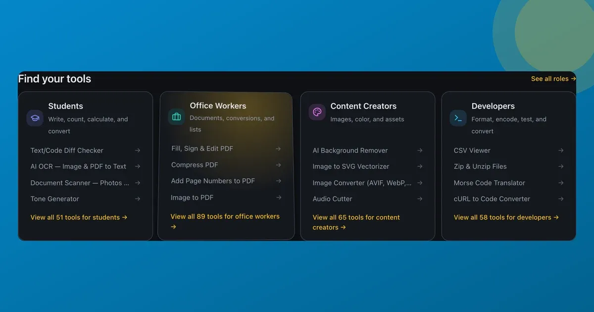ToolsTray's persona cards in dark mode with the Office Workers card lit by the cursor-following spotlight glow, mid-tilt.