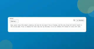 The audio transcription tool showing a finished plain-text transcript of a short standup recording, with a Format selector, Copy, and Download.