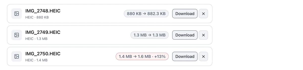 Three .HEIC files converted to JPEG in ToolsTray's image converter, showing before and after file sizes and Download buttons.