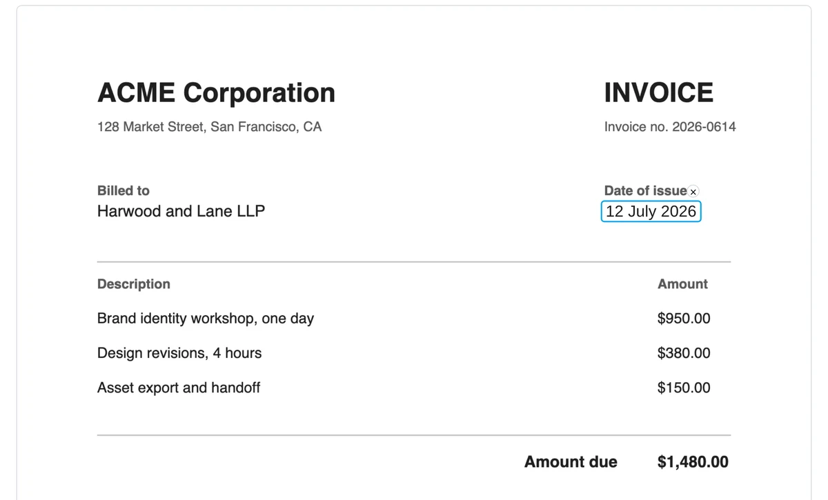 Edit text mode in ToolsTray's PDF editor: a wrong invoice date clicked and retyped in place, prefilled at the original size, font, and ink.