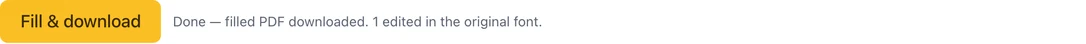 ToolsTray status line after export: Done — filled PDF downloaded. 1 edited in the original font.