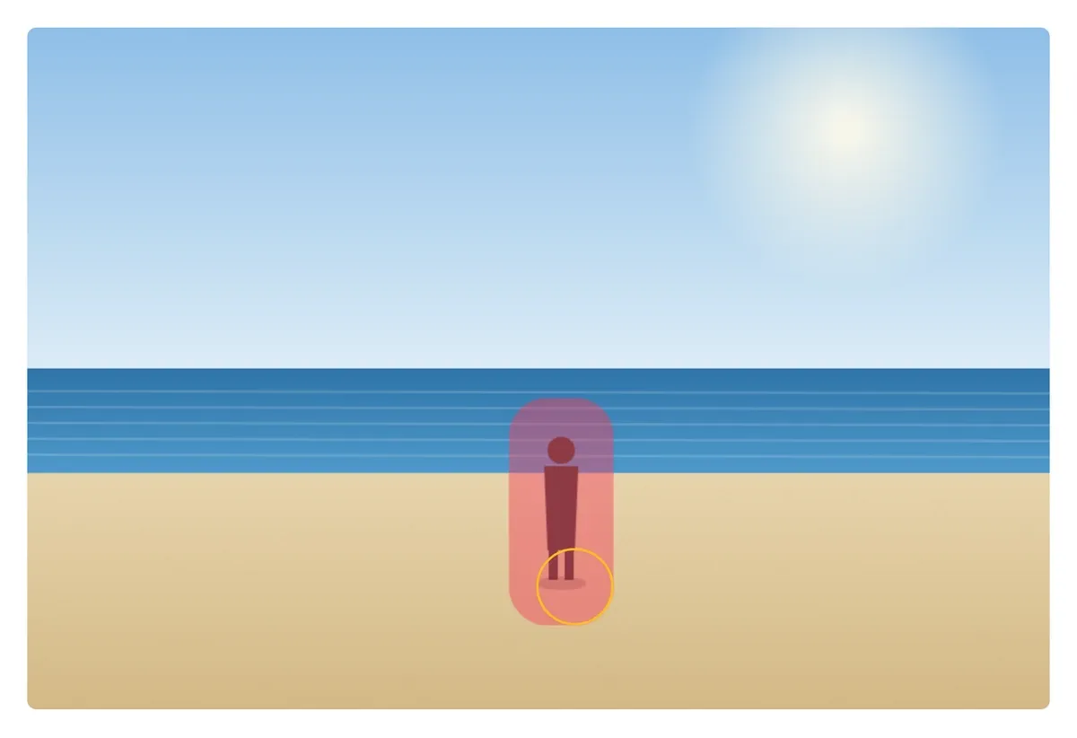 The eraser with a beach photo loaded: a figure on the sand covered by a translucent pink brush stroke, with the round brush cursor visible over their feet.