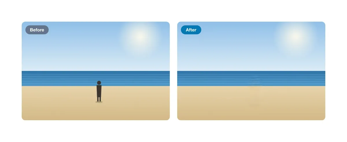 Before and after: the same beach with the figure standing on the sand, then the figure erased, leaving continuous sand and sea.