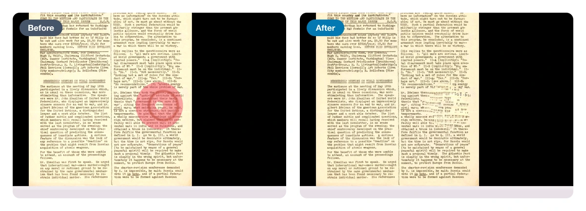 Before and after of the clean-up eraser on the newsletter page: the coffee ring brushed over in pink, then gone, with the typed lines under it smudged.