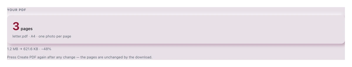 The scanner's Your PDF panel after Create PDF: 3 pages, letter.pdf, A4, one photo per page, and the size line 1.2 MB to 621.6 KB, minus 48 percent.