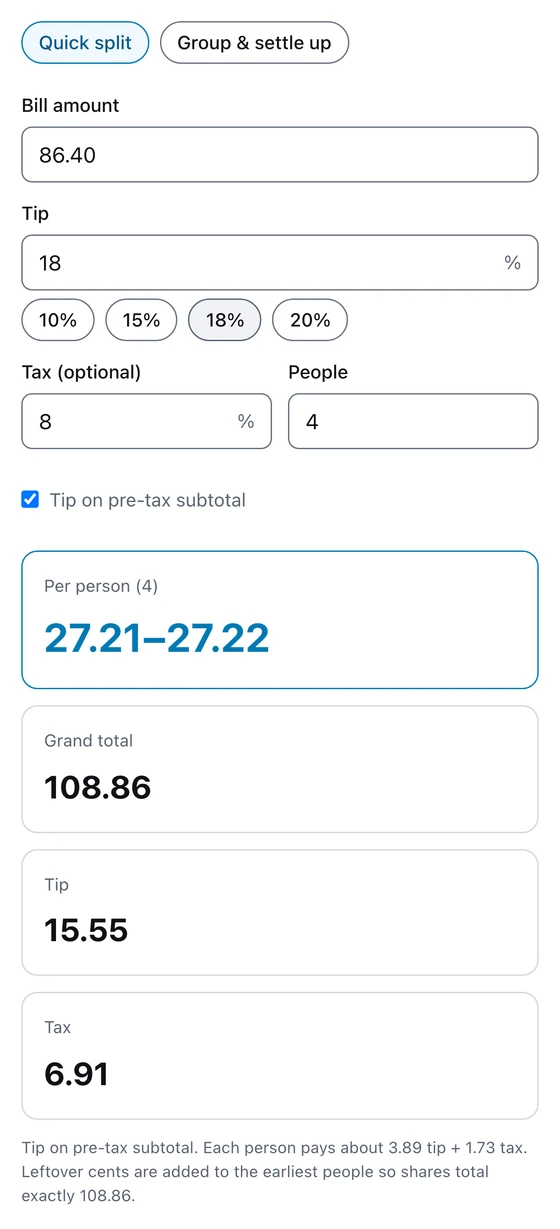 Quick split mode on a phone: 86.40 bill, 18 percent tip, 8 percent tax, 4 people, showing per person 27.21 to 27.22 and a grand total of 108.86.