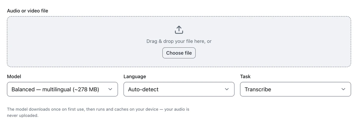 The transcription controls: a file dropzone, a Model dropdown showing Balanced multilingual, and Language and Task selectors.