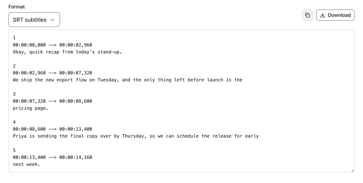 The same transcript exported as SRT: five numbered cues, each with a start and end timecode like 00:00:02,960 to 00:00:07,320, and the spoken line beneath.
